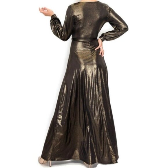 Janette Fashion Black Gold Bell Long Sleeve Evening Formal Faux Wrap Maxi Dress - Picture 4 of 4